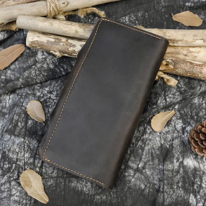 mens-crazy-horse-leather-long-wallet-brown-real-leather-trifold-clutch-snap-purse-hasp-purse-with-phone-pocket-and-coin-pocket
