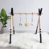 R9JD 3 PcsSet Baby Gym Frame Pendants Crochet Sun Cloud Rainbow Rattles Wooden Ring