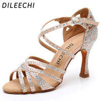 DILEECHI รองเท้าเต้นรำละตินขนาดใหญ่ Rhinestone Shining Bronze ผิวสีดำซาตินผู้หญิง Salsa Party รองเท้าบอลรูมคิวบา9ซม. ส้น