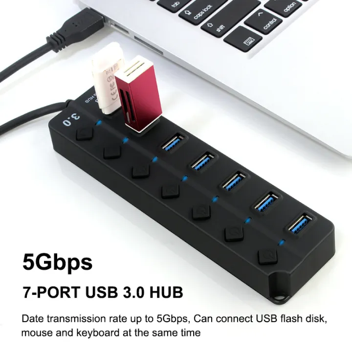 USB Hub 3.0 4 7 Port High Speed Multi Splitter Power Adapter Switch LED
