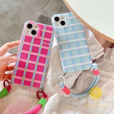 For เคสไอโฟน 14 Pro Max [Fresh Colorful Grids with Strap] เคส Phone Case For iPhone 14 Pro Max Plus 13 12 11 For เคสไอโฟน11 Ins Korean Style Retro Classic Couple Shockproof Protective TPU Cover Shell