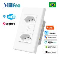 Tuya Soket ปลั๊ก Brasil Pintar 10A 20A Zigbee Wifi Ding Brasil Pengatur Waktu AC100-240V Kontrol Suara Untuk Alexa Google Home