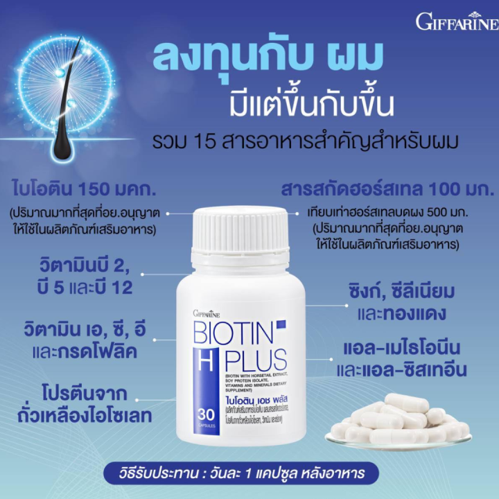 วิตามินบำรุงผม-ไบโอติน-เอช-พลัส-biotin-h-plus-ลดผมขาดหลุดร่วง-เพิ่มผมงอกใหม่-ลดโอกาสผมหงอกก่อนวัย-ขนาด-30-แคปซูล