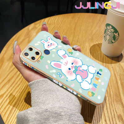 Jjlingji เคสสำหรับ Realme C15กระต่ายสีขาวน่ารักลายการ์ตูนหรูหราเคสมือถือกรอบสี่เหลี่ยมเคสกันกระแทกฝาหลังเคสป้องกันเลนส์กล้อง