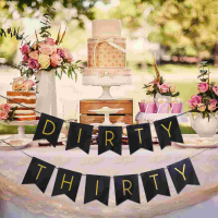 Birthday Flag Party Decorations Dirty Thirty Letter Gold Fish Tail Flag Paper Banner (Black)