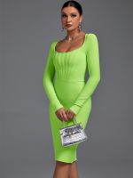 【YF】 Long Sleeve Bandage Dress Green Bodycon Evening Party Elegant Sexy Midi Birthday Club Outfit 2022 Autumn Winter New