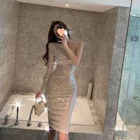 Goddess van temperament women live one shoulder dress sexy dress sparkling bead piece of anchor dew shoulder female in the autumn