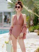 Internet Celebrity Style Hanging Neck One-Piece Bikini Sexy Belly-Covering Fairy Thin Swimsuit Womens Summer Small Chest Gathered To Expose The Seaside