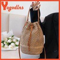 【Ready Stock】 ┇▲◆ C23 Yogodlns Summer Braided Straw Bucket Bag For Women Simple Drawstring Shoulder Crossbody Bag