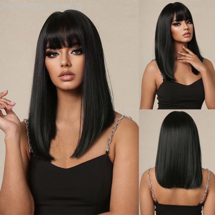 Hot Sell】 Toy Center 2 Straight Black Bob Synthetic Wig With Bangs Medium  Long Cosplay Layered Wigs For Woman Natural Hair Daily Wig Heat Resistant |  Lazada.Vn