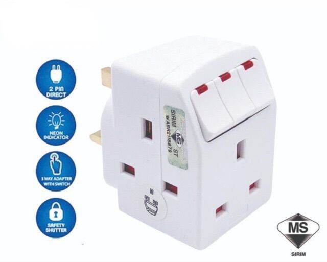 RLT/MYHOM 13A 3 Way Adaptor 938SL with Individual Switches and Light ...