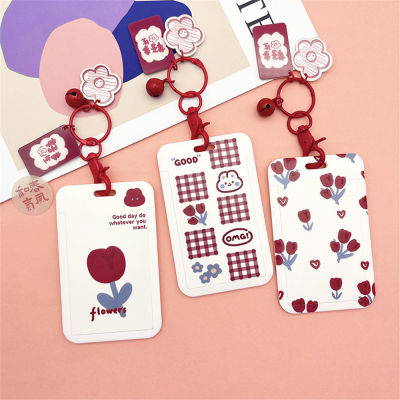 Cute Little Red Flower Card Tag Campus Meal Card Holder Work ID Card Tag Card Protector Campus Meal