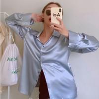 COD dhdfxcz Retro Hong Kong Style Women Ladies Loose Satin Long Sleeve Shirt Blouse