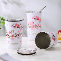 Cherry Blossom แก้วเก็บความร้อนสแตนเลส Double-Wall Leak-Proof Travel Cup พร้อมฝาปิดเหมาะสำหรับชากาแฟและแคมป์ปิ้ง