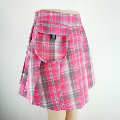 ‘；’ All Match Women Short Skirt Fashion Tartan Red Pleated Skirts Streatwear Plaid Side Button Skirt Womens Casual Mini Skirt