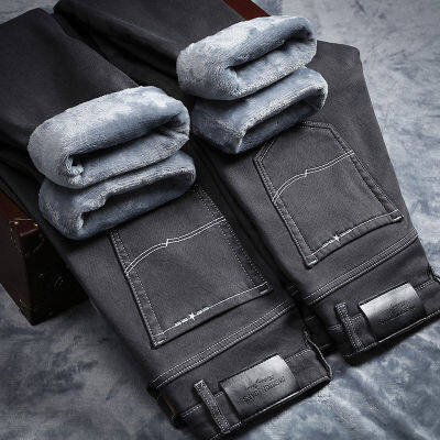 20212020 For Cold Slim Fit Stretch Thick Velvet Pants Warm Jeans Casual Grey Fleece Winter Jeans Men Black Elasticity Grey Jean