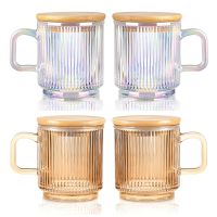 2Pc Glass Coffee Cup with Lid Glass Coffee Mugs Ribbed Coffee Glasses with Handle for Latte Cappuccino Tea Milk