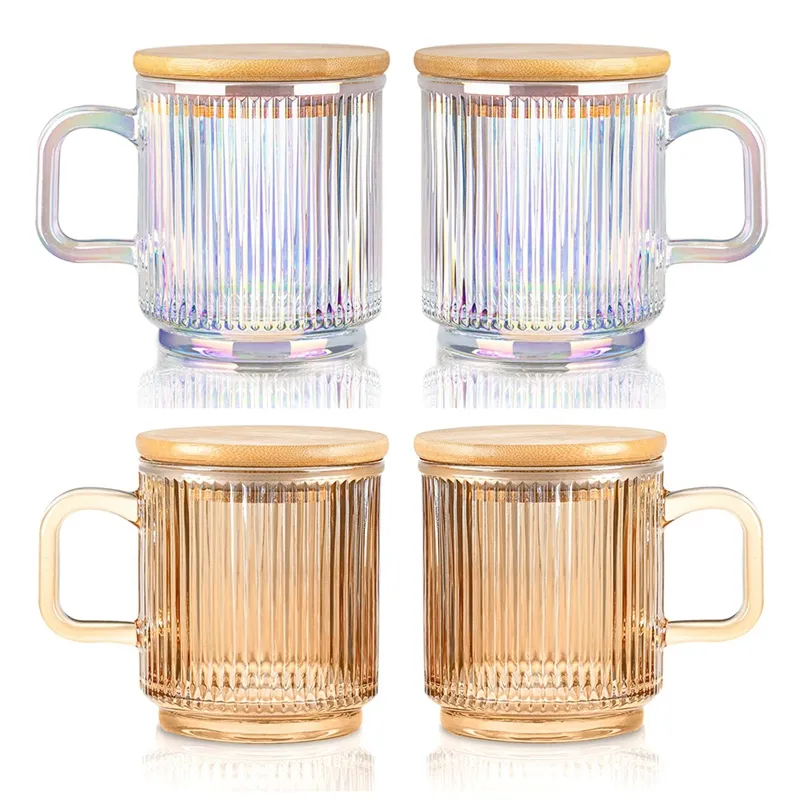 Iridescent Glass Coffee Mugs Set Of 2-340ml Ribbed Coffee Glasses Tea Cups  With Lid