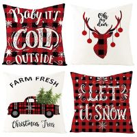 Christmas Cushion Covers Set of 4 Linen Christmas Pillow Cases 18 x 18Inch Xmas Design Pillow Cases for Sofa 45X45cm