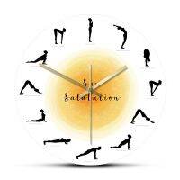 นาฬิกาภาพเงาผนังท่าโยคะ Surya Namaskar,นาฬิกาแขวนผนังทักทายพระอาทิตย์ไม่มีเสียงรบกวนของขวัญไวนิลแบ็คดร็อปพิมพ์ลายโยคะสำหรับโยคะ