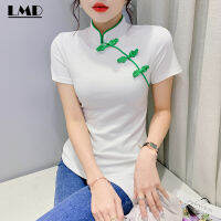 LMD เสื้อยืดคอตั้งสไตล์จีนใหม่สำหรับฤดูร้อนเสื้อยืดแขนสั้นดีไซน์แหวกแนวย้อนยุคฉบับภาษาเกาหลีของผู้หญิงเสื้อสะดวกสบายหรูหราลำลอง S-3XL ไซส์ใหญ่