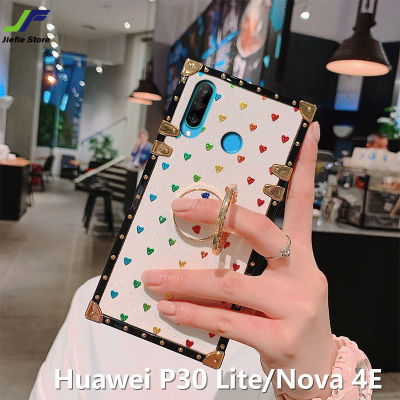 JieFieสำหรับHuawei P30 Lite / Huawei Nova 4Eแฟชั่นที่มีสีสันโทรศัพท์รูปหัวใจกรณีS HineเพชรTPUซิลิโคนสแควร์โทรศัพท์ปกหลังพร้อมขาตั้งพับ