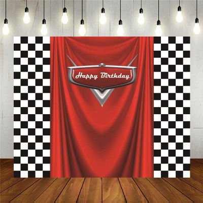 Car Black White Grid Red Themed Photography Backdrop Racing Flag Red Photo Background For Happy Birthday Party Banner Photo