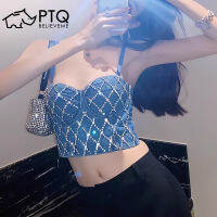 เสื้อทรงก้างปลาทำจากผ้ายีนส์แบบมีสายคาดิเสื้อกั๊กลูกปัดมีซิปรูปทรงชุดชั้นในเซ็กซี่