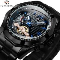 ZZOOI Forsining Army Men Mechanical Automatic Flying Tourbillon Watches Classy Fashion Wristwatches All Black Clocks Steel Strap reloj