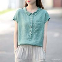 COD DDDGRYTRY Women short Sleeve Shirts Thin Casual Fashion Loose Shirt Tops Womens blouse Cotton Literary Retro Loose Doll Collar Younger Fashion Top Oversized