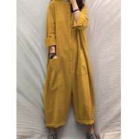 Women Jumpsuit 2022 Female Oversized Romper Autumn Loose Pockets Overalls Casual Solid Stand Collar Bottom