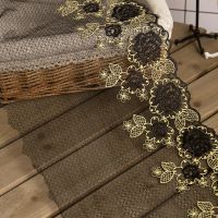 2yards Luxury Embroidery Flowers Gold Black Mesh Lace Fabric Trims for Wedding Dresses Head Veil DIY Sewing Supplies 23cm Wide Fabric  Material