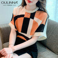 OULINNA เสื้อยืดสตรีไหมหม่อนแขนค้างคาวพิมพ์ลายตารางสีตัดกันสไตล์ยุโรปฤดูร้อนแฟชั่นใหม่2023