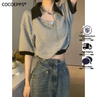 COCOEPPS เสื้อยืดผู้หญิงแขนสั้นคอโปโล,เสื้อ2023สีตัดกันสายโซ่