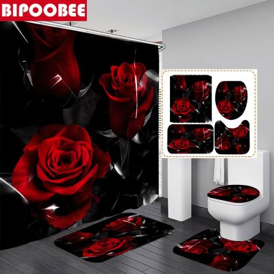 3D Shower Curtains Set with Hooks Red Rose Bath Mat Pedestal Rug Waterproof Fabric Bathroom Curtain Non slip Carpet Toilet Cover