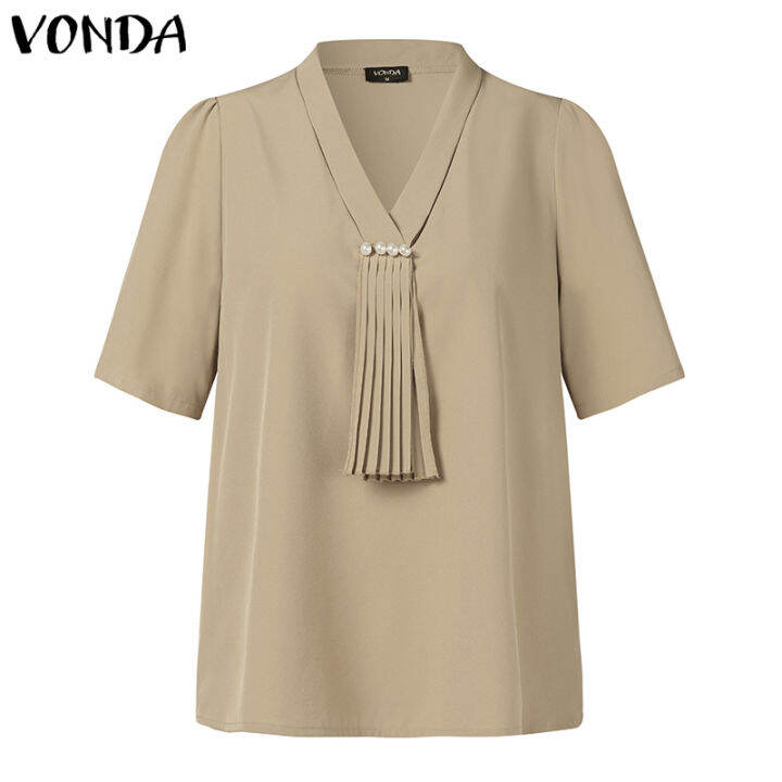 จัดส่งฟรี-fancystyle-vonda-เสื้อผู้หญิงเสื้อกันหนาวสวมหัวคอวีธุรกิจที่เป็นทางการโอแอลที่ทำงานแขนสั้นเสื้อเรียบ