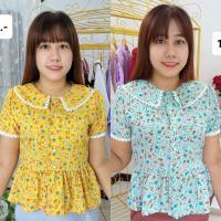 อก34-52 นิ้ว เสื้อคอกลมแต่งปกคอ แขนสั้น เองระบายสีเขียวมิ้นผ้าไหมอิตาลี