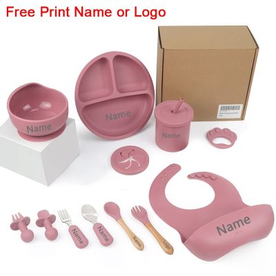 11Pcs Silicone Feeding Sets For Baby Personalized Name Childrens Tableware Suction Cup Plates Bowl Feeding Cups Free Shipping