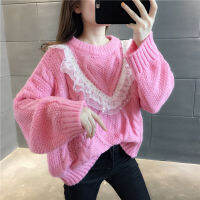 Hall, 21011 [4] Line No. 2 Film Pure Color Lace Stitching Round Collar Twist Pullovers [3003] 53