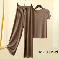 Summer ice silk pajamas short-sleeved round neck suit girls new home wear casual loose wide-leg pants pajamas spring and autumn