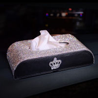 Luxurious Car Tissue Holder Bag with PU Leather Dispenser Paper Towel Napkin Storage Organizer with Crown Rhinestone