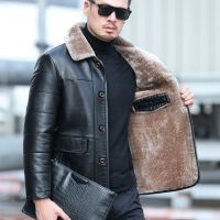 Natural Leather Mens Autumn and Winter Casual Lapel Mid Length Business Leather Down Jacket Plus Size