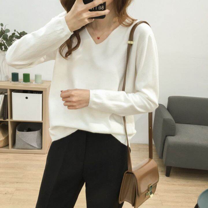 spot-loose-slimming-v-neckline-solid-color-sweater-womens-soft-glutinous-comfortable-long-sleeve-base-shirt-all-matching-top-2023