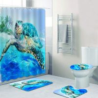 Cute 3D Sea Turtle Shower Curtains for Kids Bathroom Watercolored Painting Ocean Animal Waterproof Bath Curtain Mats Rug 180x200