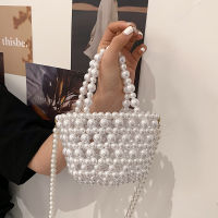 Fashion Mini Pearl Bucket Bags Ladies Hand-woven Pearl Handbag Beaded Crossbody Bag Solid Color Casual Shoulder Bags Women Bag