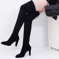 Winter Over The Knee Boots Women shoes Autumn Flock Pointed Toe Long Boots Lace Up Thin High Heels Sexy Party Ladies Shoes