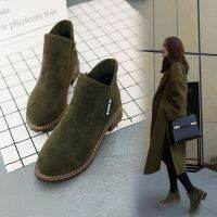 New Korean version winter plus velvet martin boots side zipper womens low heel low barrel student college girls