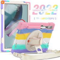 FZT แท็บเล็ตเคสโทรศัพท์ Lenovo Xiaoxin Pad 11Pro 11.2 "2022/TB-132FU Soft TPU + PC Silicon Shockproof Cover ขาตั้งในตัวพร้อม Tali Bahu และสายรัดข้อมือ