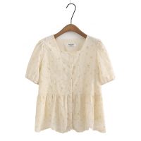 【มีไซส์ใหญ่】Plus Size Womens XL-4XL Button Up Elegant Summer Blouses Short Sleeve Vintage Office-wear Floral Embroidery Female Tops