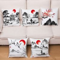 【CW】 Classical Ink Scenic Print Cushion Cover Super Soft Short Covers 45x45 Throw Pillows Cases Pillowcase